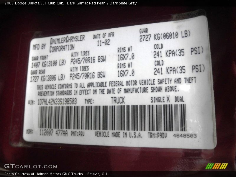 2003 Dakota SLT Club Cab Dark Garnet Red Pearl Color Code PRV