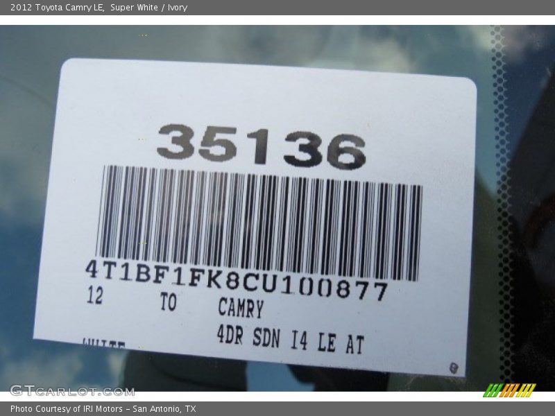 Super White / Ivory 2012 Toyota Camry LE