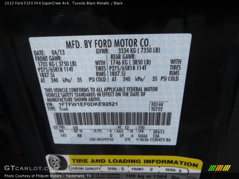 2013 F150 FX4 SuperCrew 4x4 Tuxedo Black Metallic Color Code UH