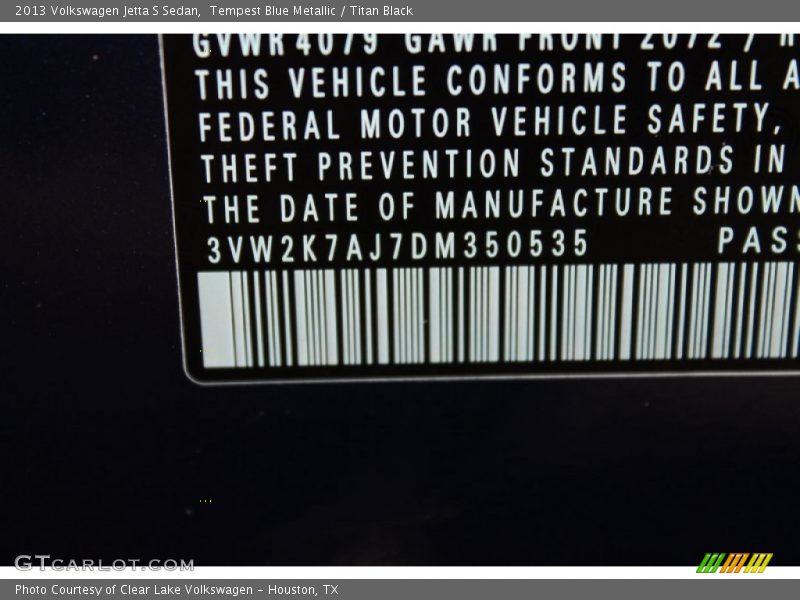 Tempest Blue Metallic / Titan Black 2013 Volkswagen Jetta S Sedan