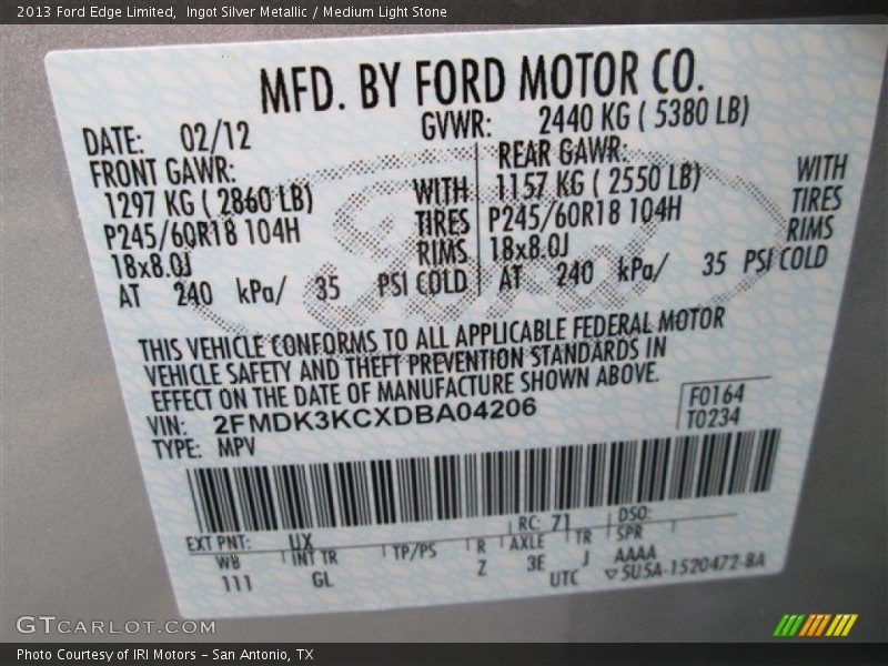 Ingot Silver Metallic / Medium Light Stone 2013 Ford Edge Limited