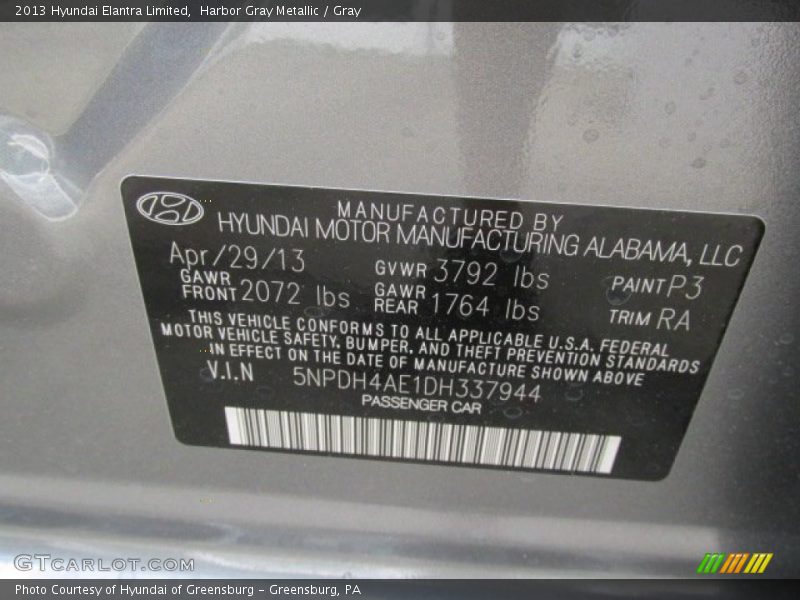 Harbor Gray Metallic / Gray 2013 Hyundai Elantra Limited