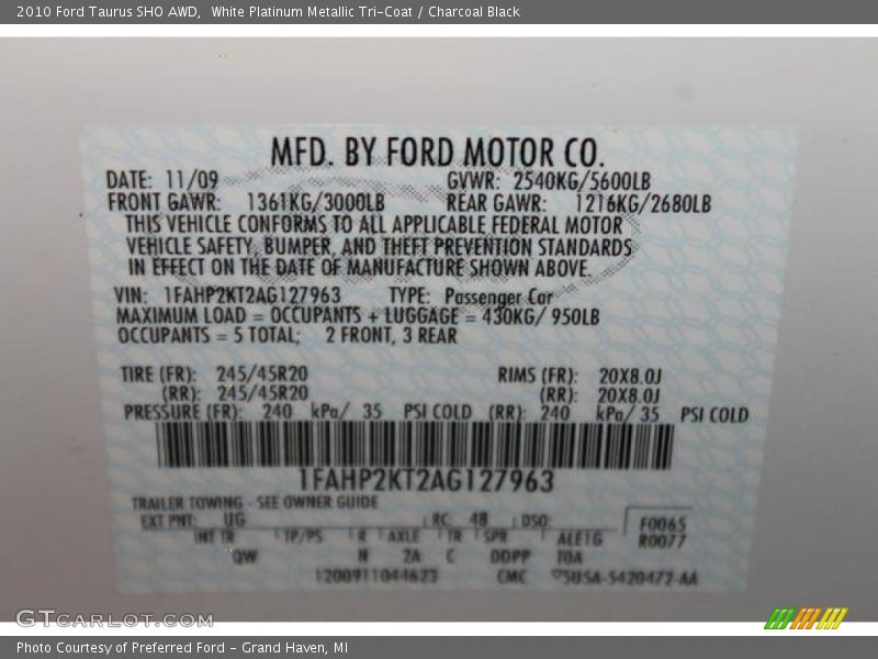 2010 Taurus SHO AWD White Platinum Metallic Tri-Coat Color Code UG