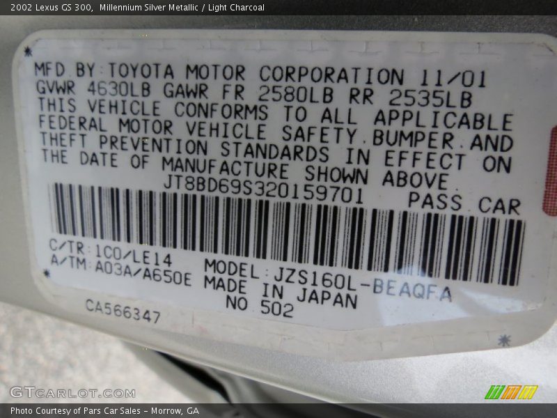 2002 GS 300 Millennium Silver Metallic Color Code 1C0