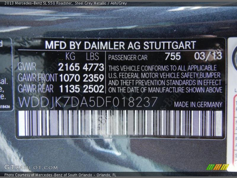 Steel Grey Metallic / Ash/Grey 2013 Mercedes-Benz SL 550 Roadster