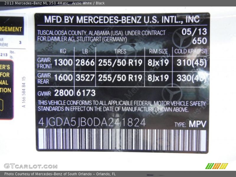 Arctic White / Black 2013 Mercedes-Benz ML 350 4Matic