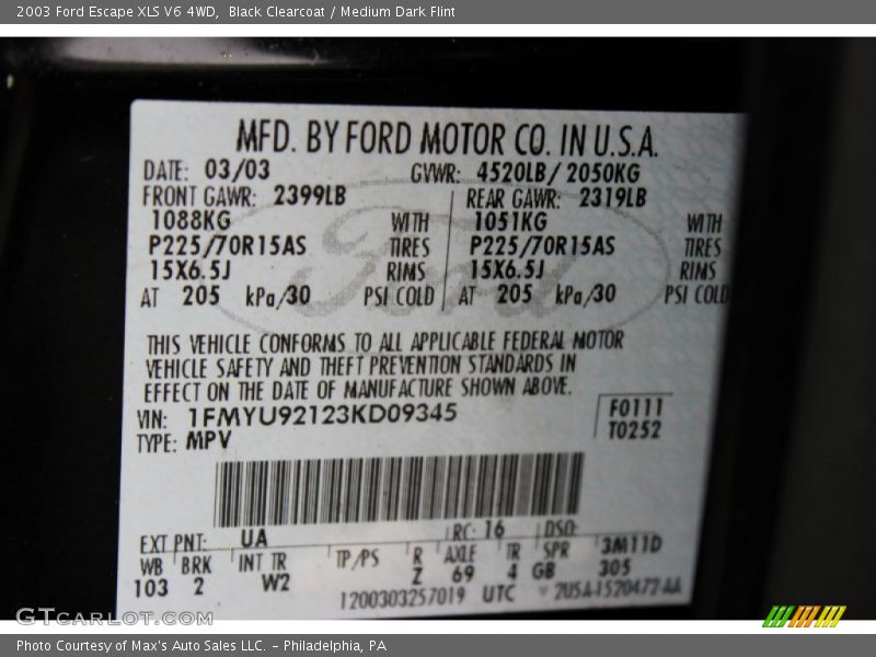 Black Clearcoat / Medium Dark Flint 2003 Ford Escape XLS V6 4WD