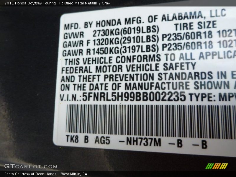Polished Metal Metallic / Gray 2011 Honda Odyssey Touring