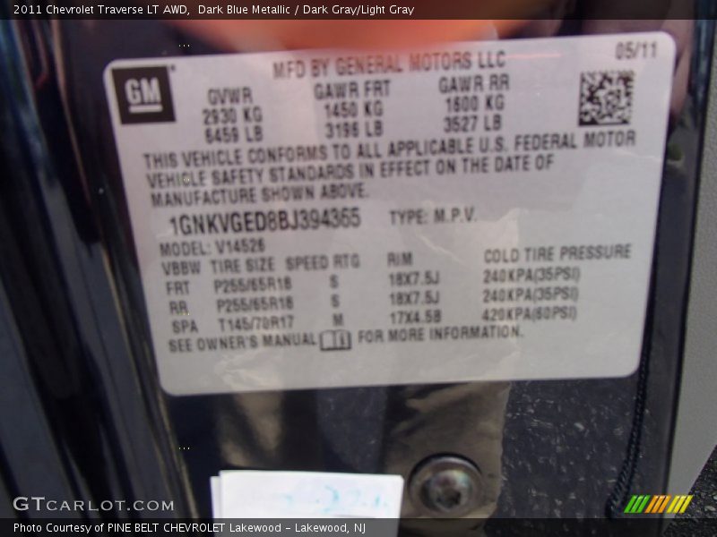 Dark Blue Metallic / Dark Gray/Light Gray 2011 Chevrolet Traverse LT AWD