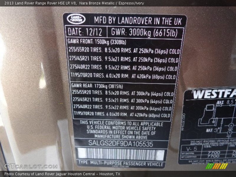 Info Tag of 2013 Range Rover HSE LR V8