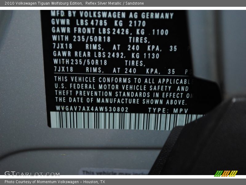 Reflex Silver Metallic / Sandstone 2010 Volkswagen Tiguan Wolfsburg Edition