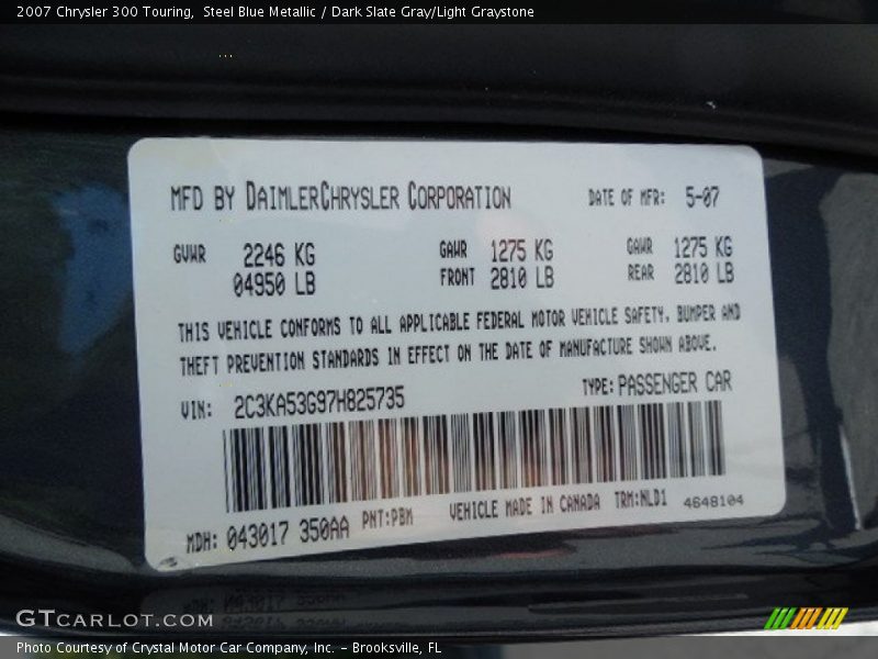 Steel Blue Metallic / Dark Slate Gray/Light Graystone 2007 Chrysler 300 Touring