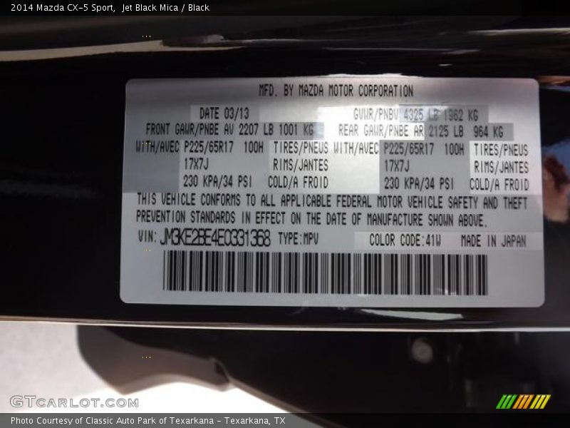 2014 CX-5 Sport Jet Black Mica Color Code 41W