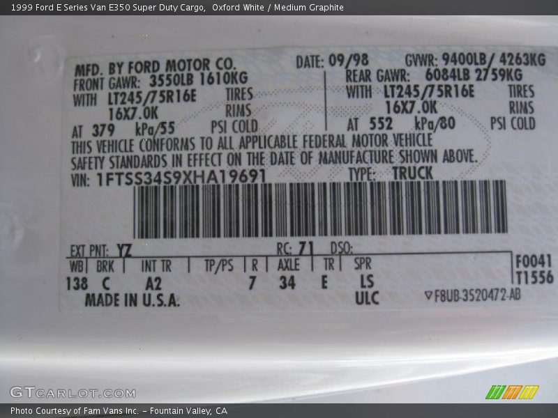 Oxford White / Medium Graphite 1999 Ford E Series Van E350 Super Duty Cargo