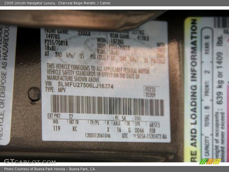2006 Navigator Luxury Charcoal Beige Metallic Color Code T7