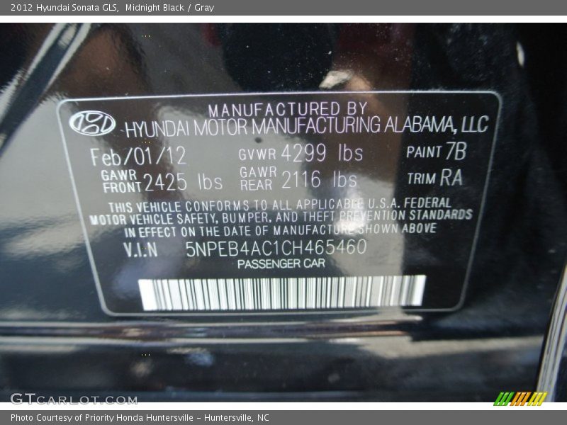 Midnight Black / Gray 2012 Hyundai Sonata GLS
