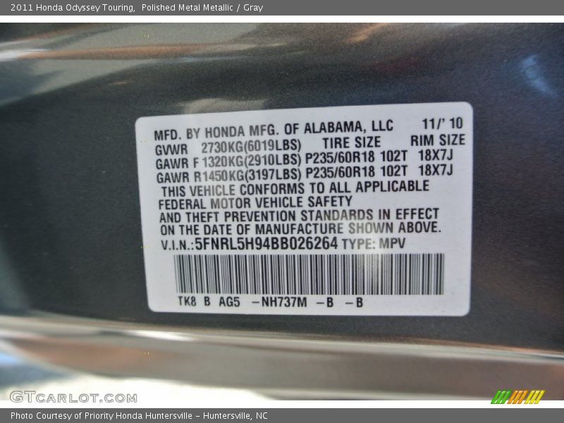 Polished Metal Metallic / Gray 2011 Honda Odyssey Touring