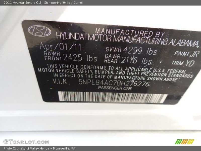 Shimmering White / Camel 2011 Hyundai Sonata GLS
