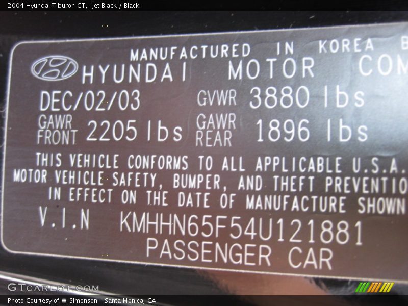 Jet Black / Black 2004 Hyundai Tiburon GT