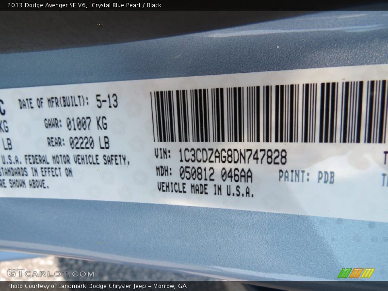Crystal Blue Pearl / Black 2013 Dodge Avenger SE V6