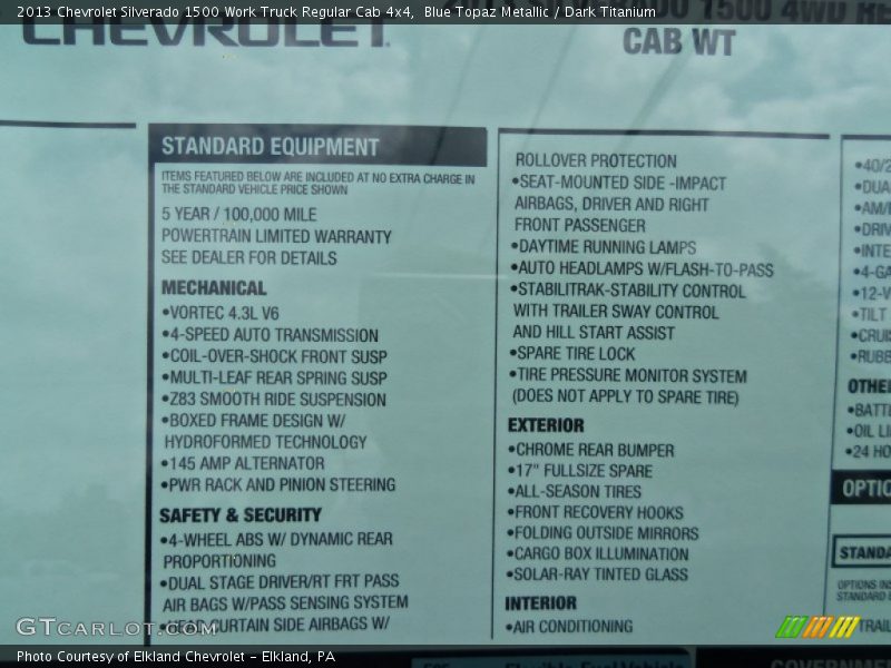  2013 Silverado 1500 Work Truck Regular Cab 4x4 Window Sticker