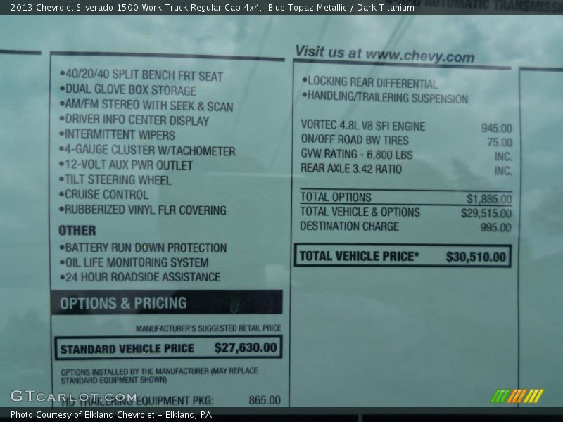  2013 Silverado 1500 Work Truck Regular Cab 4x4 Window Sticker