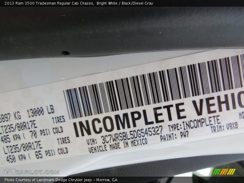 2013 3500 Tradesman Regular Cab Chassis Bright White Color Code PW7
