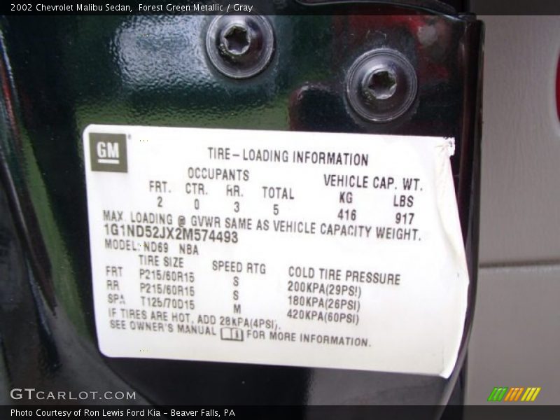 Forest Green Metallic / Gray 2002 Chevrolet Malibu Sedan