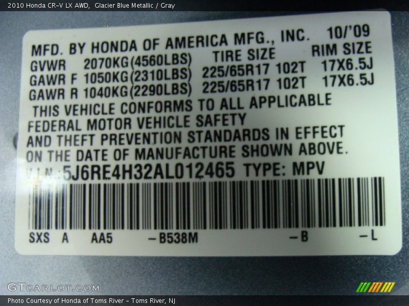 Glacier Blue Metallic / Gray 2010 Honda CR-V LX AWD