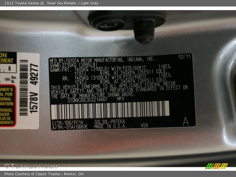 Silver Sky Metallic / Light Gray 2012 Toyota Sienna LE