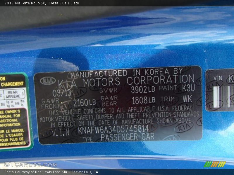 2013 Forte Koup SX Corsa Blue Color Code K3U