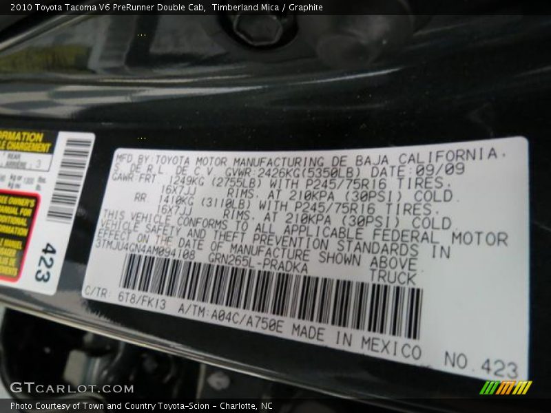 2010 Tacoma V6 PreRunner Double Cab Timberland Mica Color Code 6T8