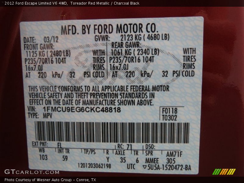 2012 Escape Limited V6 4WD Toreador Red Metallic Color Code FL