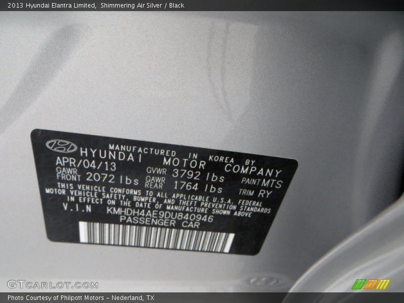 2013 Elantra Limited Shimmering Air Silver Color Code MTS