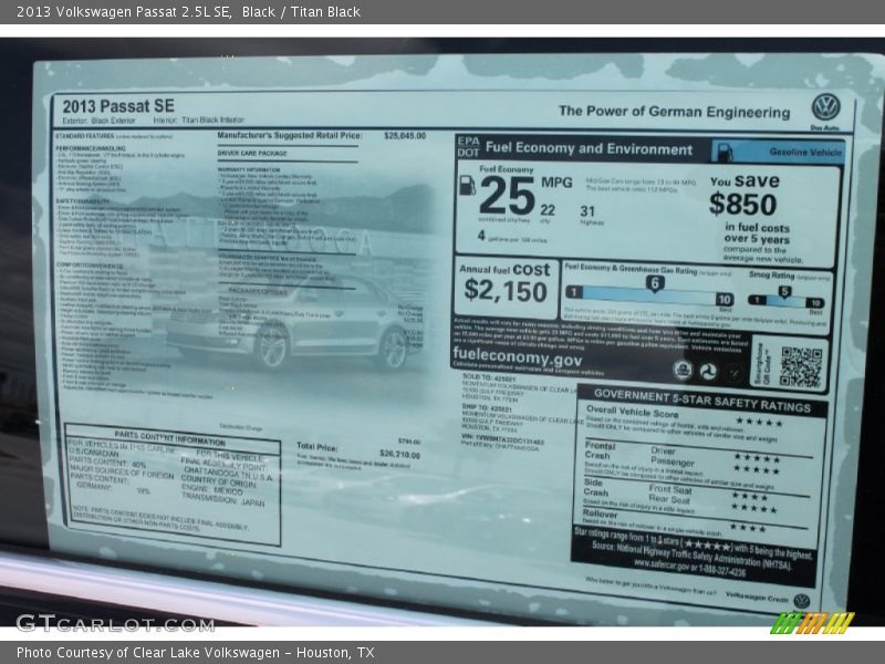 Black / Titan Black 2013 Volkswagen Passat 2.5L SE