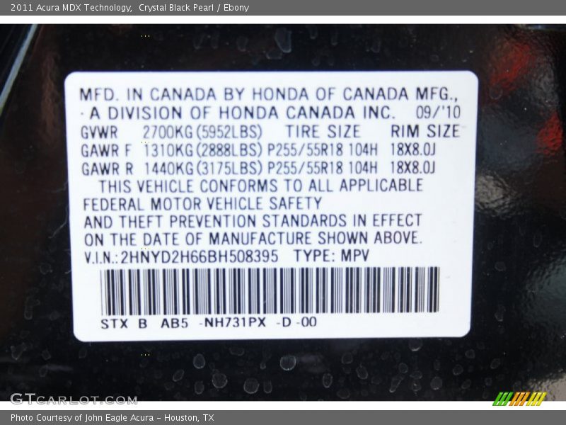 Crystal Black Pearl / Ebony 2011 Acura MDX Technology