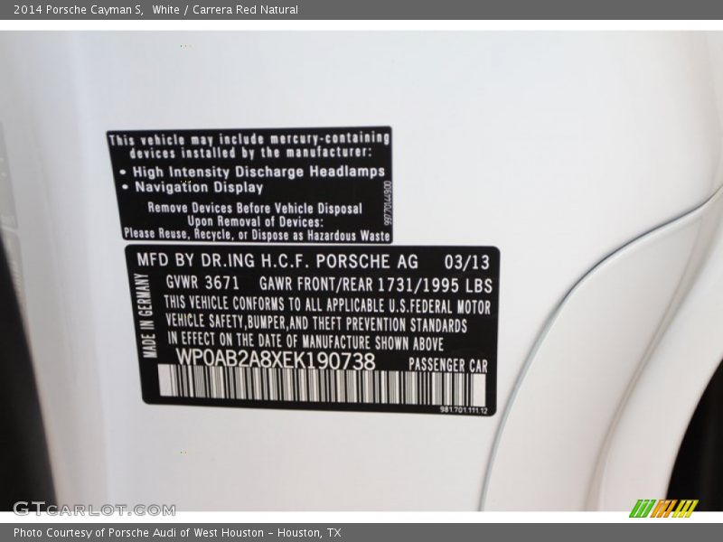 White / Carrera Red Natural 2014 Porsche Cayman S