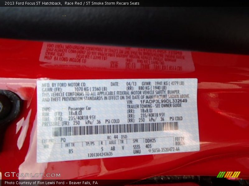 2013 Focus ST Hatchback Race Red Color Code PQ