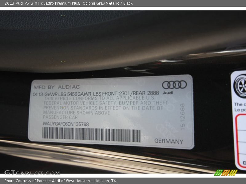 Oolong Gray Metallic / Black 2013 Audi A7 3.0T quattro Premium Plus