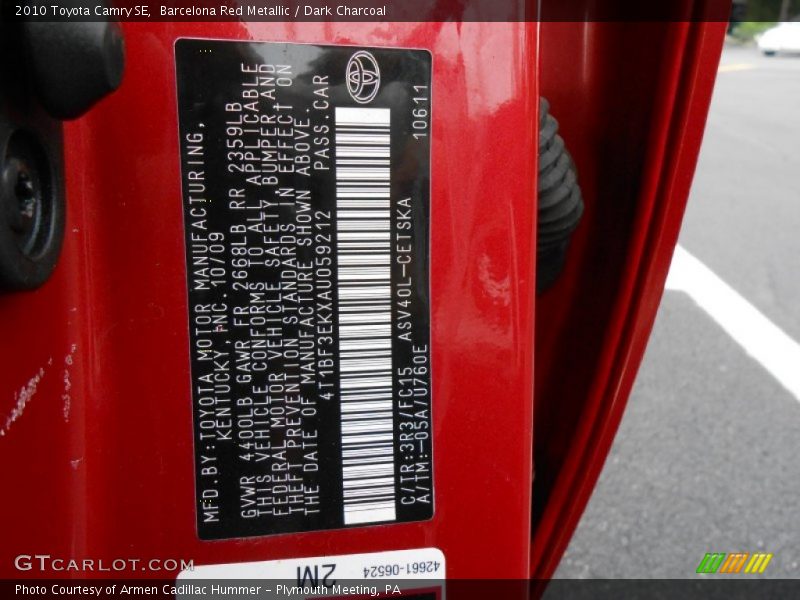 Barcelona Red Metallic / Dark Charcoal 2010 Toyota Camry SE