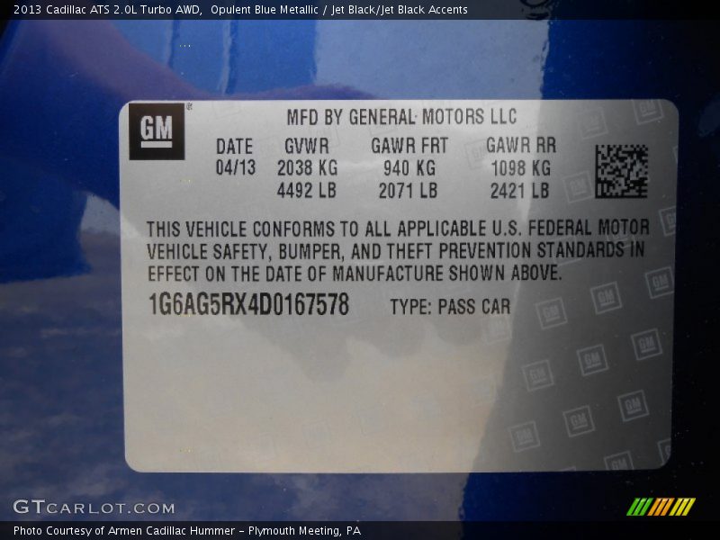 Opulent Blue Metallic / Jet Black/Jet Black Accents 2013 Cadillac ATS 2.0L Turbo AWD