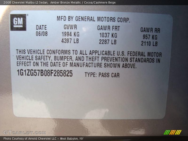 Amber Bronze Metallic / Cocoa/Cashmere Beige 2008 Chevrolet Malibu LS Sedan