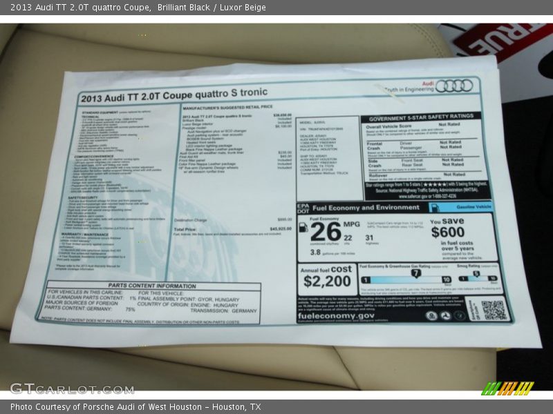  2013 TT 2.0T quattro Coupe Window Sticker