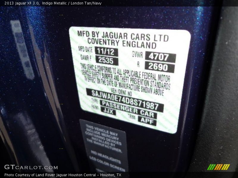 2013 XF 3.0 Indigo Metallic Color Code JJX