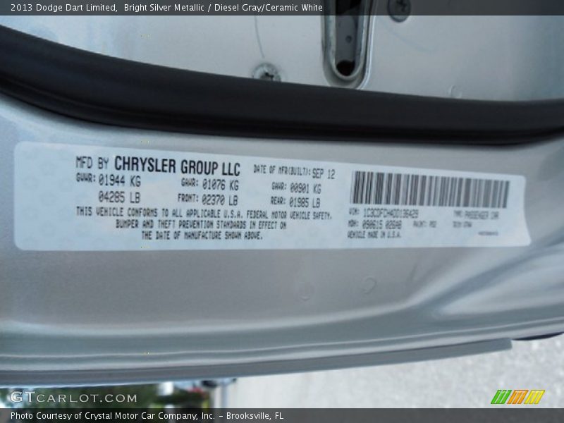 Bright Silver Metallic / Diesel Gray/Ceramic White 2013 Dodge Dart Limited