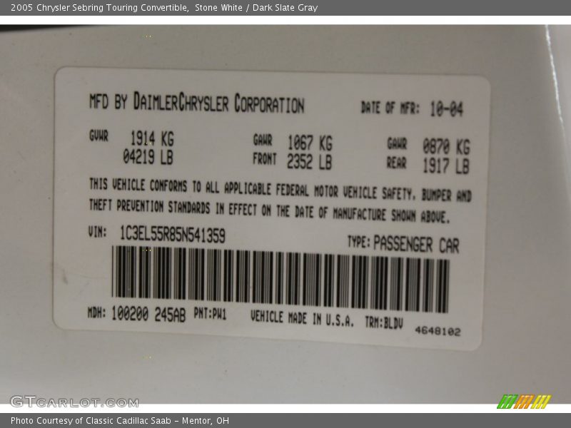 Stone White / Dark Slate Gray 2005 Chrysler Sebring Touring Convertible