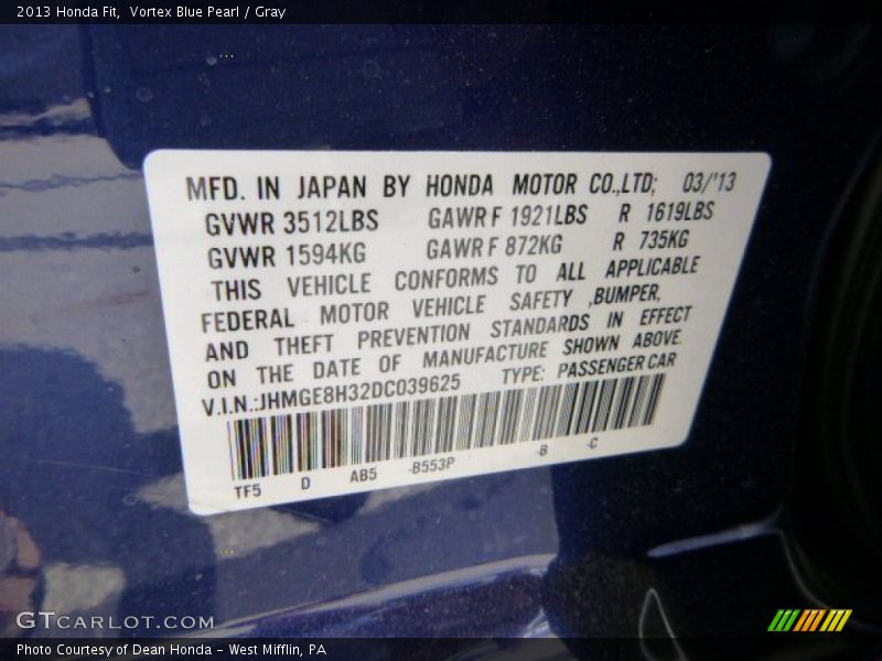 Vortex Blue Pearl / Gray 2013 Honda Fit