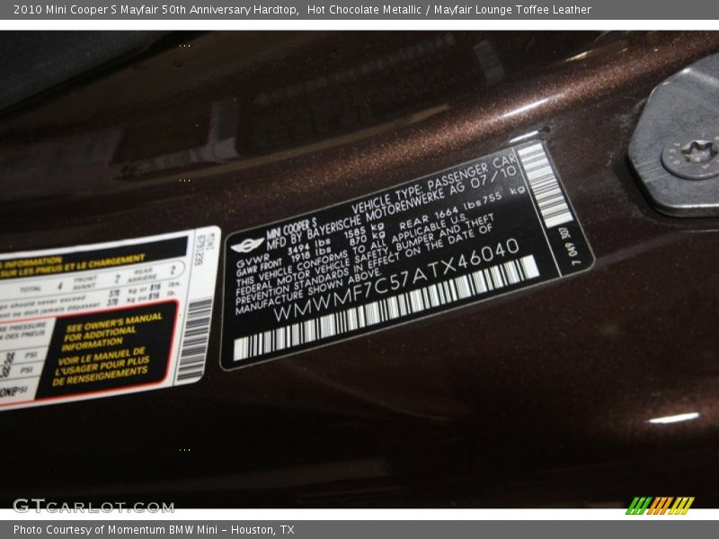 Hot Chocolate Metallic / Mayfair Lounge Toffee Leather 2010 Mini Cooper S Mayfair 50th Anniversary Hardtop