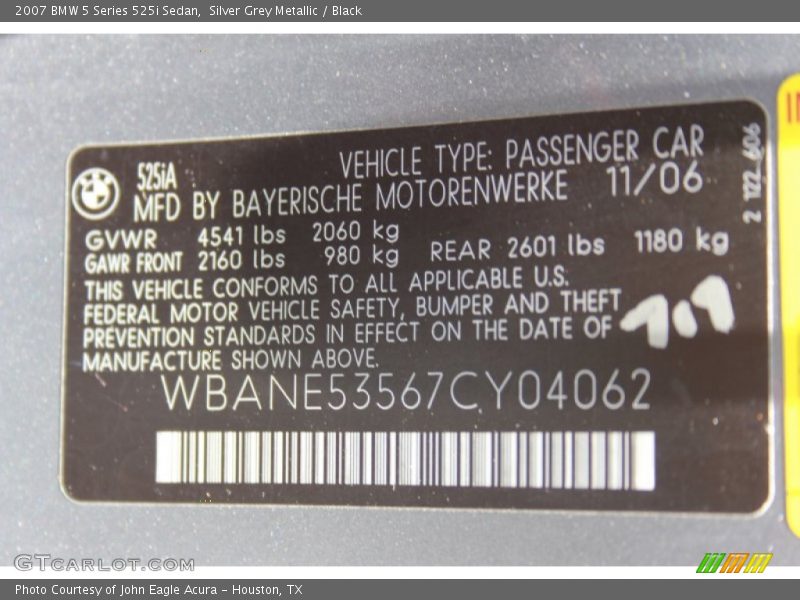 Silver Grey Metallic / Black 2007 BMW 5 Series 525i Sedan