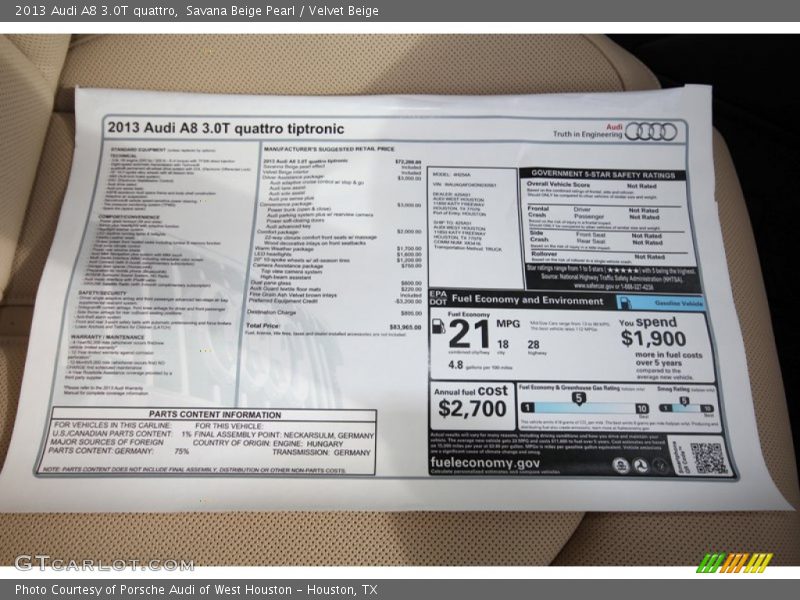  2013 A8 3.0T quattro Window Sticker